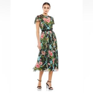 Mac Duggal Black Floral Midi Dress